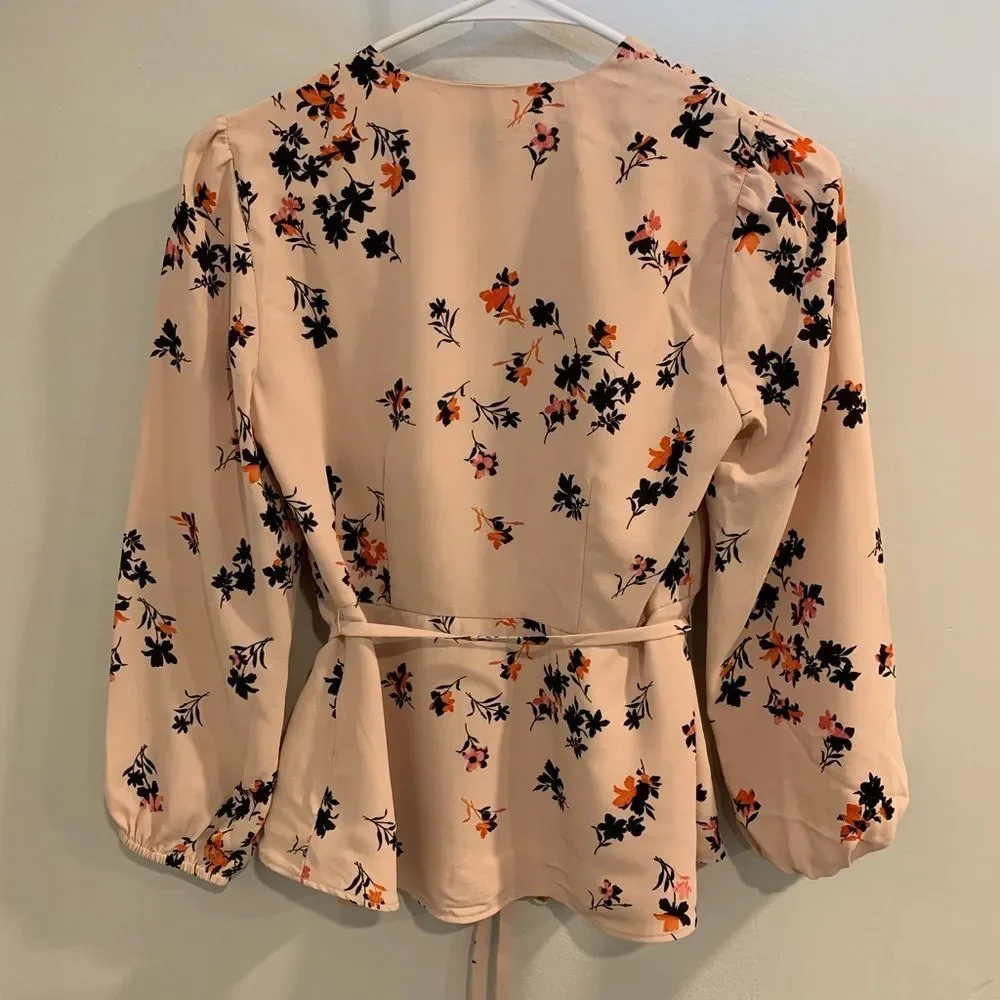 Ann Taylor Pink/Peach  Puff Sleeve Wrap Blouse - Picture 2 of 10